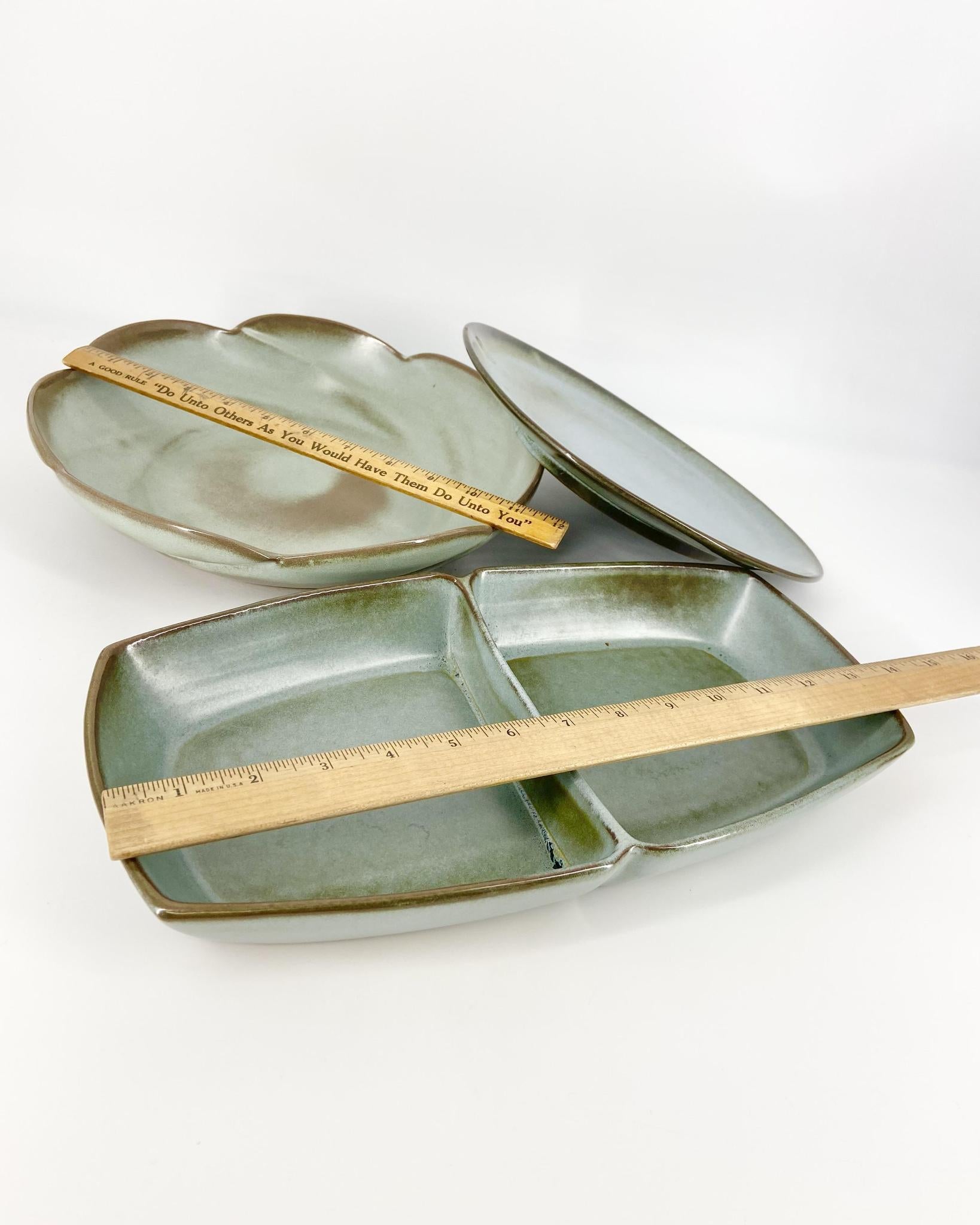 Frankoma Pottery pieces. Part of a vintage collection of 119 pieces. Collectible vintage set of Frankoma Plainsman Woodland Moss tableware.