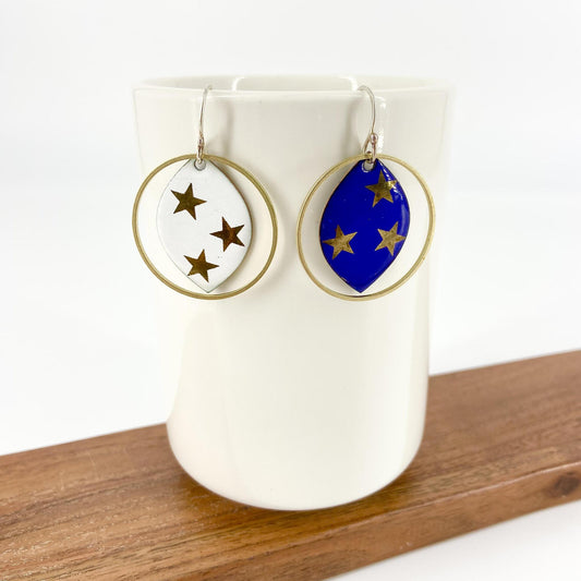 Earrings - Gold Stars On Blue/White - Enamel on Copper