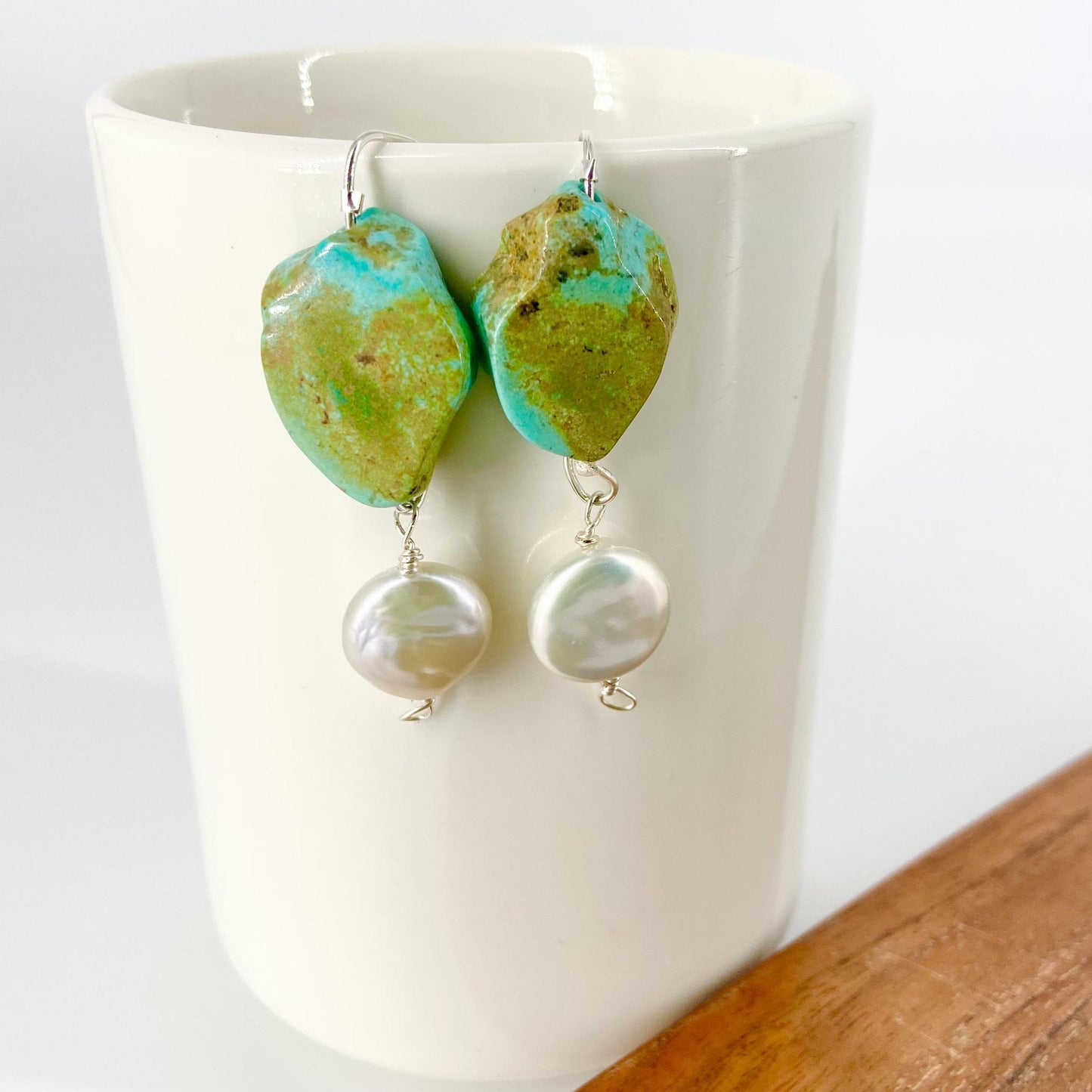 Earrings - Turquoise Slices/Pearl & Sterling Wires