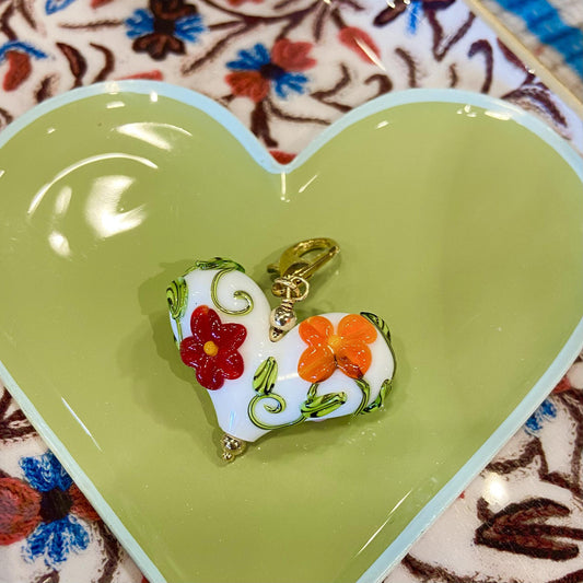 Pendant - Raised Floral on White Heart - Glass & Gold Fill
