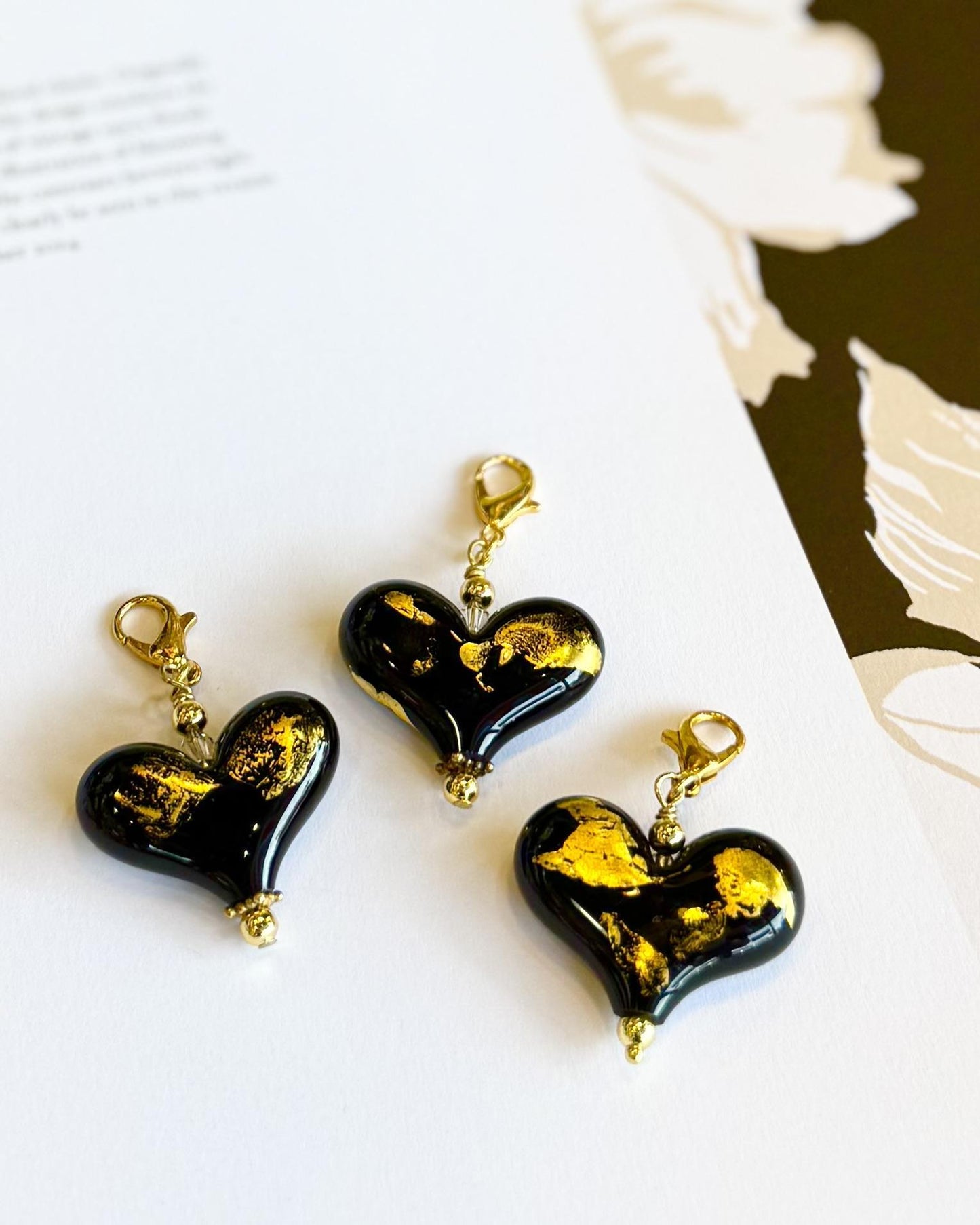 Pendant - Black Heart With 18kt Gold Leaf  - Medium - Gold Fill