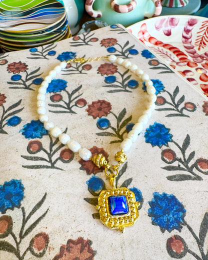 Necklace - Faceted Blue Crystal & Pearls - 14kt Gold Vermeil