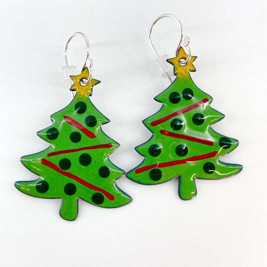 Earrings - Enamel & Copper - Decorated Green Trees