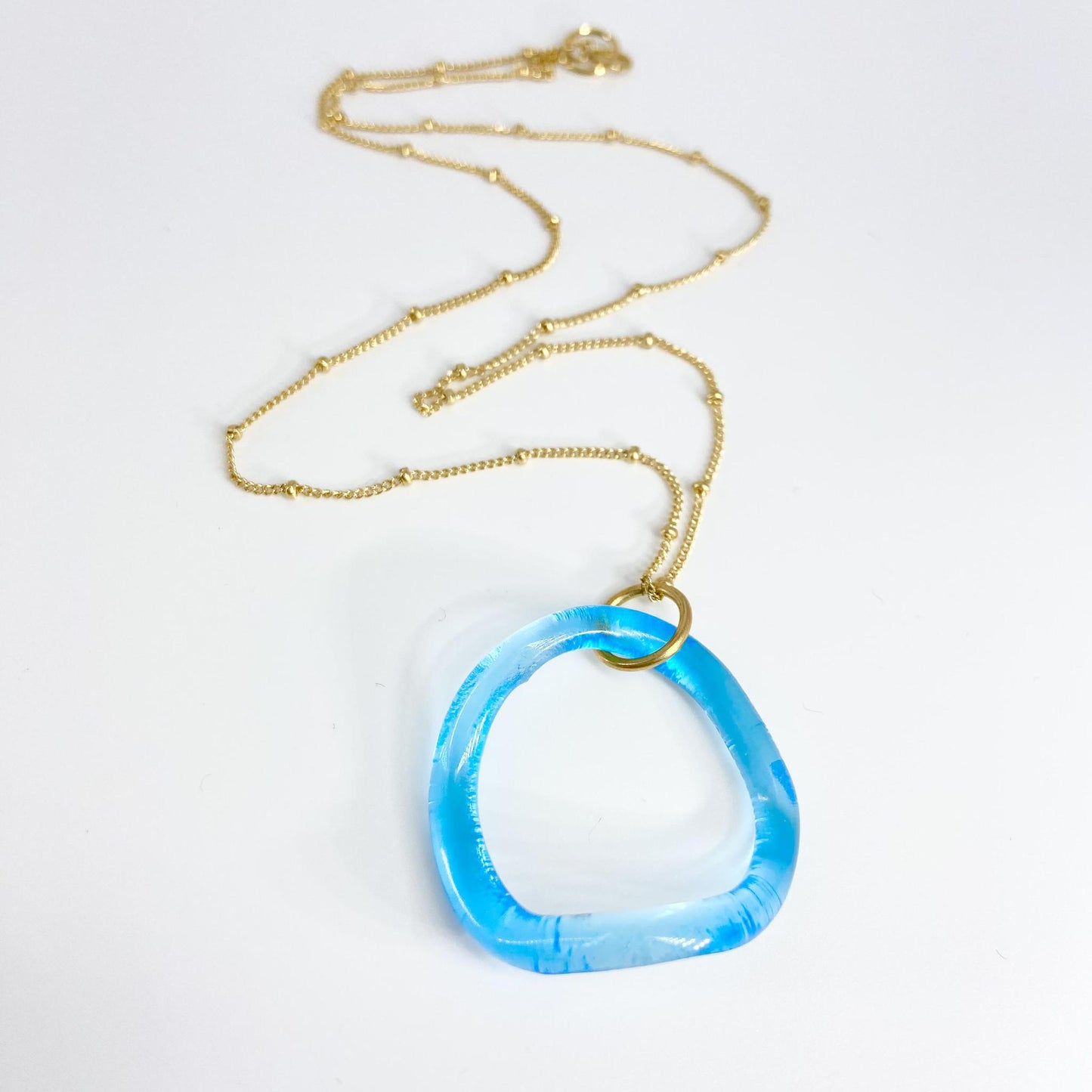Necklace - Ruffled Glass Circle - 14kt Goldfill - Aqua