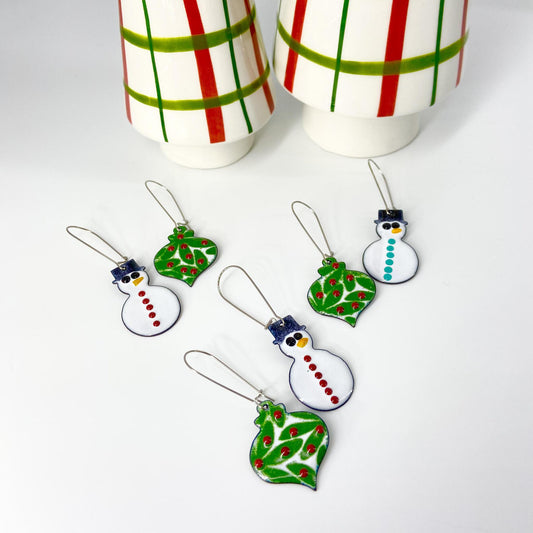 Earrings  - Snowman & Ornament - Enamel on Copper
