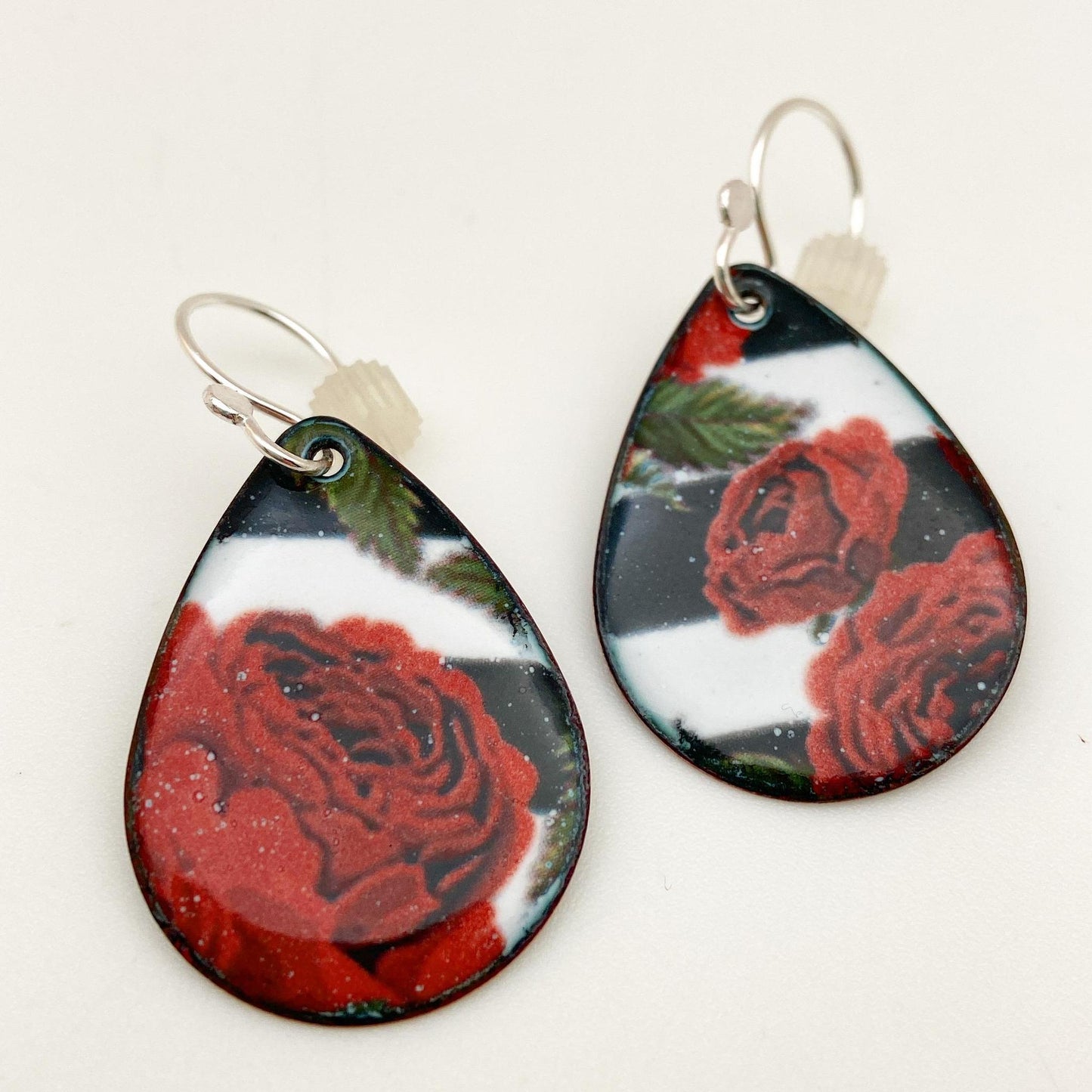 Earrings - Roses on Teardrops - Enamel on Copper