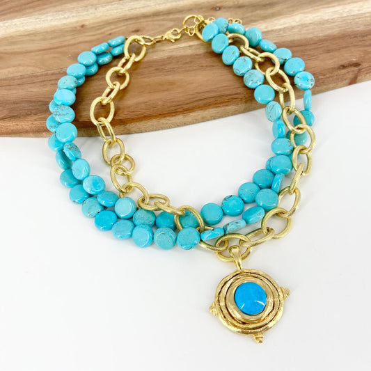 Necklace - Triple Strand with Pendant in Turquoise and Gold