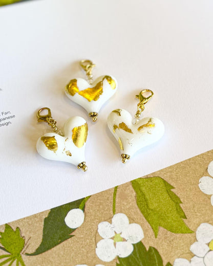 Pendant - White Heart With 18kt Gold Leaf  - Medium - Gold Fill