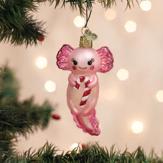 Ornament - Blown Glass - Axolotl with Candy Cane