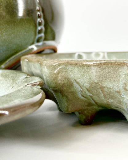 Frankoma Pottery pieces. Part of a vintage collection of 119 pieces. Collectible vintage set of Frankoma Plainsman Woodland Moss tableware.