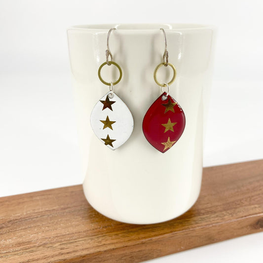 Earrings - Gold Stars Red & White - Enamel on Copper