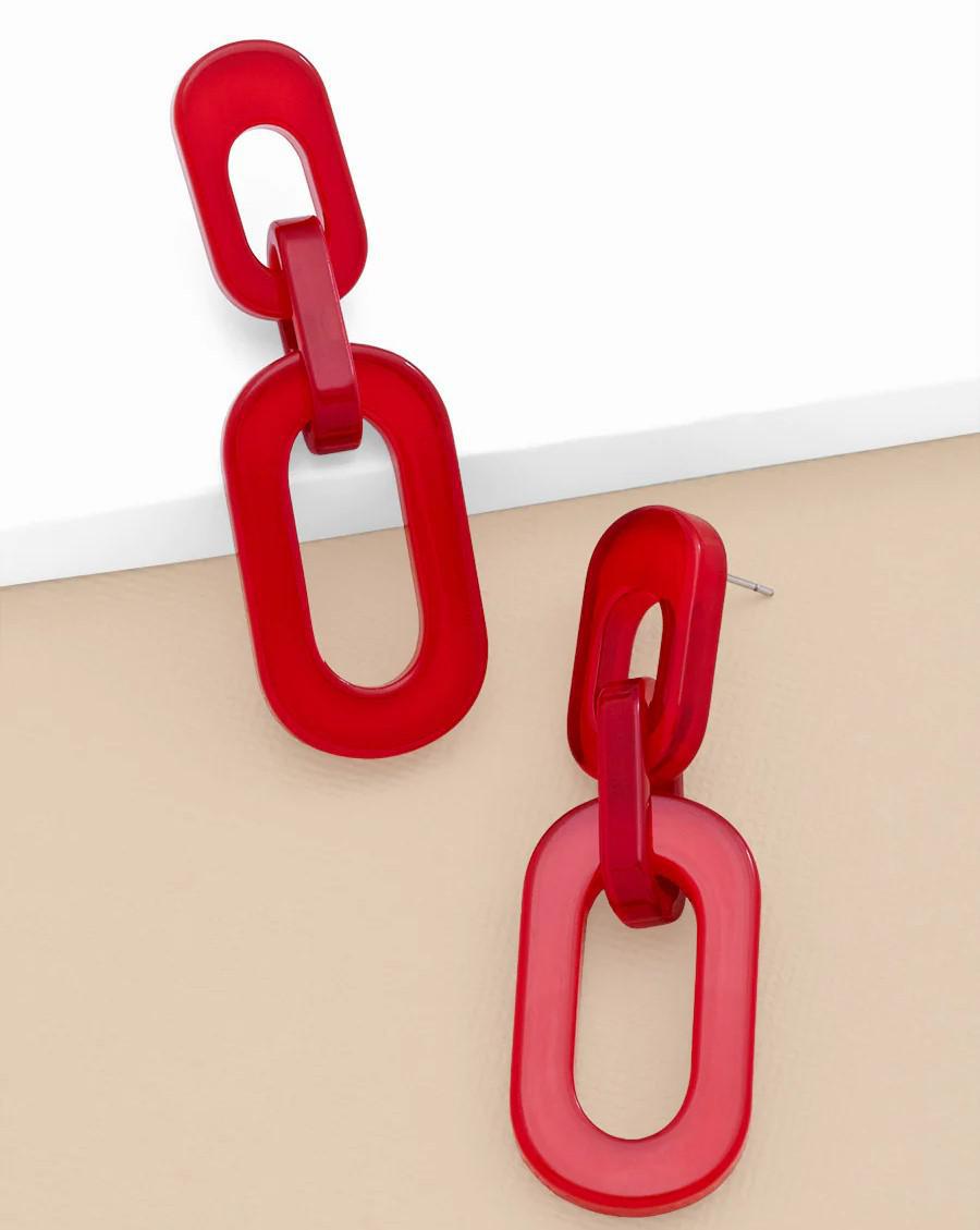 Earrings - Cable Chain Drop Post - Red - Resin