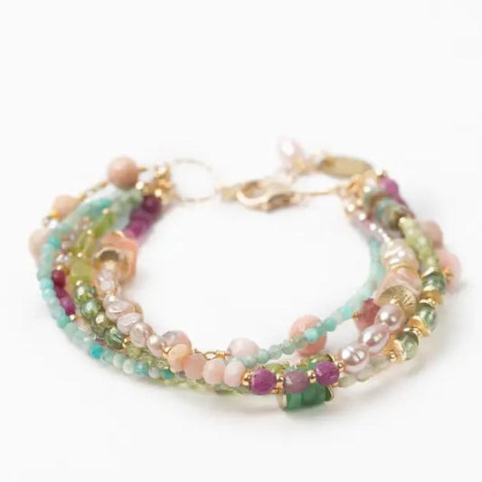 Bracelet - Green Ruby/Pearl/Amazonite/Pink Opal - 14kt Gold on Brass