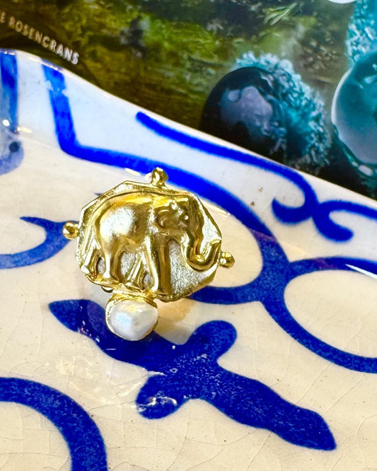 Ring - Elephant Intaglio & Pearl - Adjustable - 14kt Gold Vermeil