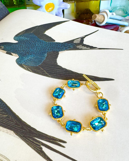 Bracelet - Faceted Glass - 14kt Gold Vermeil - Aqua