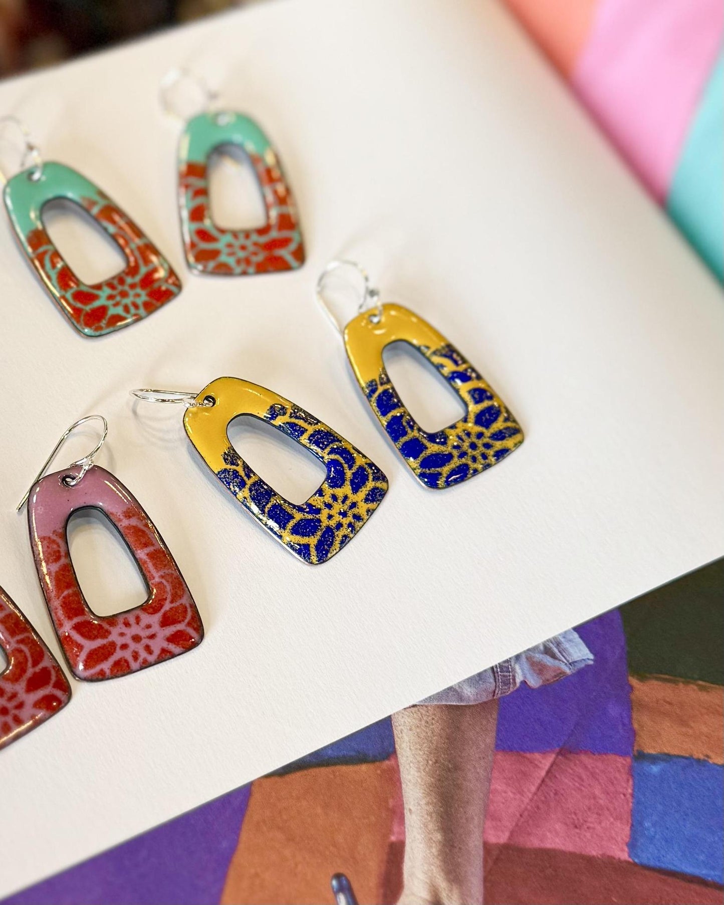 Earrings - Yellow/Blue Retro Portals - Enamel on Copper