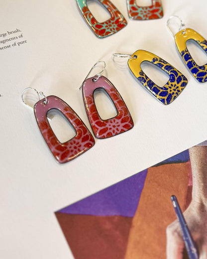 Earrings - Pink/Red Retro Portals - Enamel on Copper