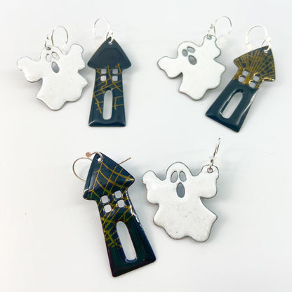 Earrings - Ghost & Haunted House - enamel on copper