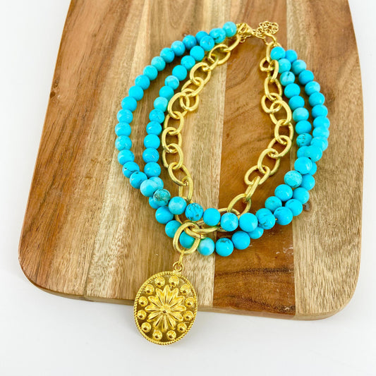 Necklace - Triple Strand with Burst Medallion in Turquoise and Gold