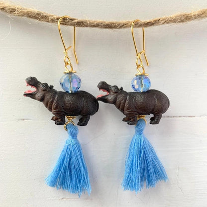 Earrings - Mini Hippo & Blue Tassel