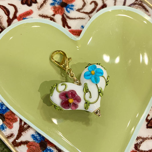 Pendant - Raised Floral on White Heart - Glass & Gold Fill