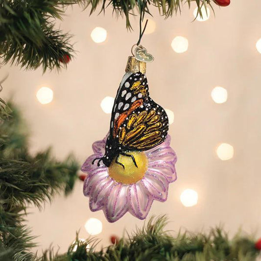 Ornament - Blown Glass - Monarch Butterfly on Flower