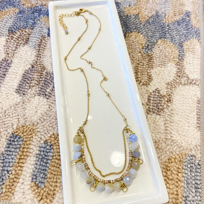 Necklace - Blue Lace Agate/Shell/Mother Of Pearl - Gold on Brass
