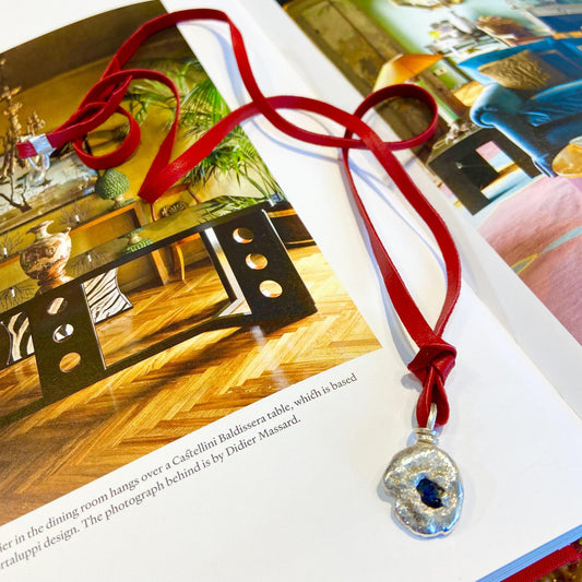Necklace - Raw Sapphire Set in Molten Sterling Dollops on Leather