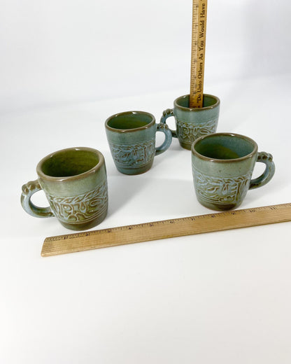 Frankoma Pottery pieces. Part of a vintage collection of 119 pieces. Collectible vintage set of Frankoma Mayan Aztec Woodland Moss tableware.
