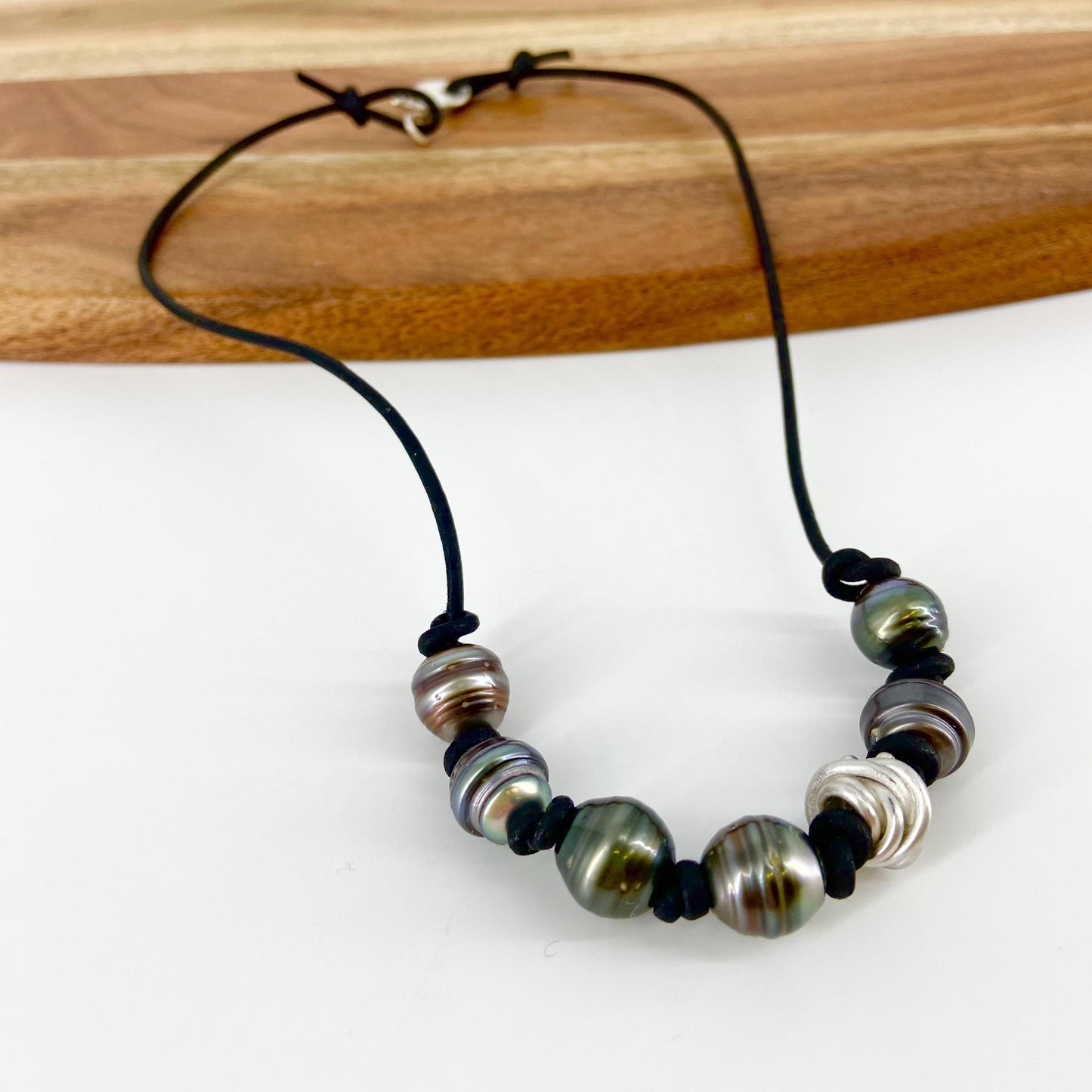 Necklace - Hand-Knotted Dark Grey Pearls on Leather with Sterling Silver