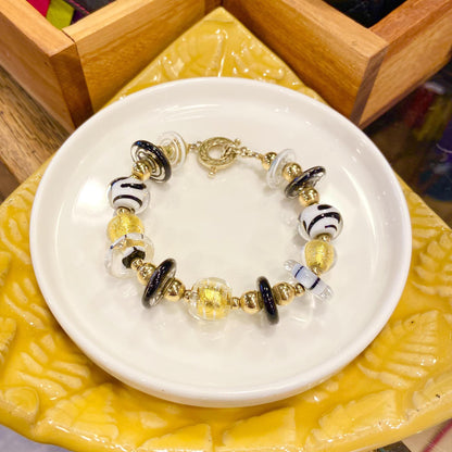Bracelet - Black & White & Gold Leaf - Glass Beads & Gold Plate