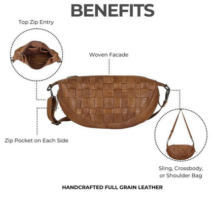 Crossbody/Sling Bag - Woven Leather - Cognac
