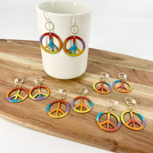 Earrings  - Rainbow Peace Symbols - Enamel on Copper - Large