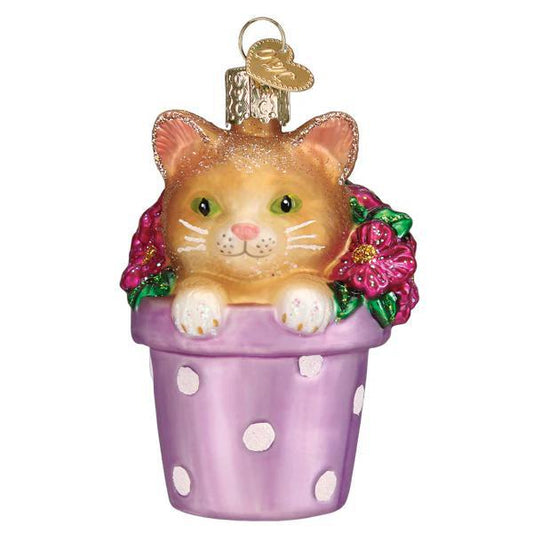 Ornament - Blown Glass - Kitten in Flower Pot