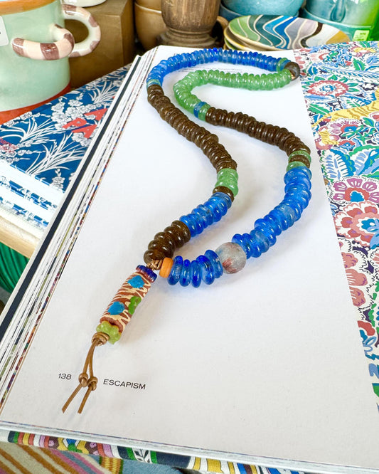 Necklace - Reclaimed Glass/African Trade Bead/Leather