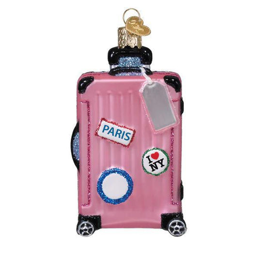 Ornament - Blown Glass - Pink Rolling Suitcase