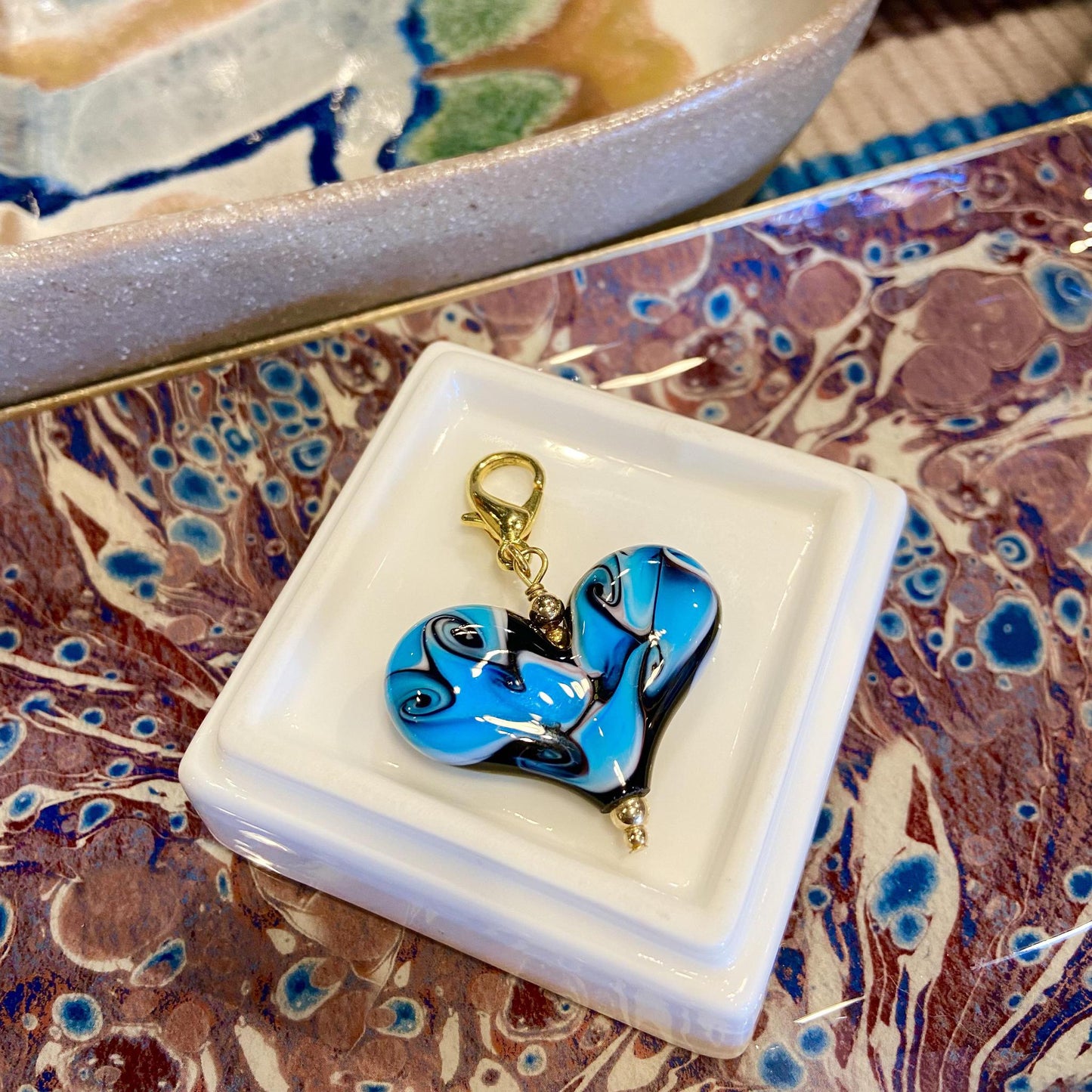 Pendant - Blue & Black Swirls - Glass & Gold Fill