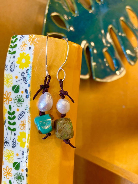Earrings - Turquoise/Pearl/Leather/Sterling