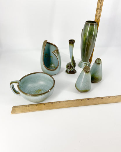 Frankoma Pottery pieces. Part of a vintage collection of 119 pieces. Collectible vintage set of Frankoma Plainsman Woodland Moss tableware.