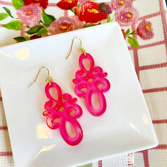 Earrings - Double Scroll Drop - Neon Pink - Resin