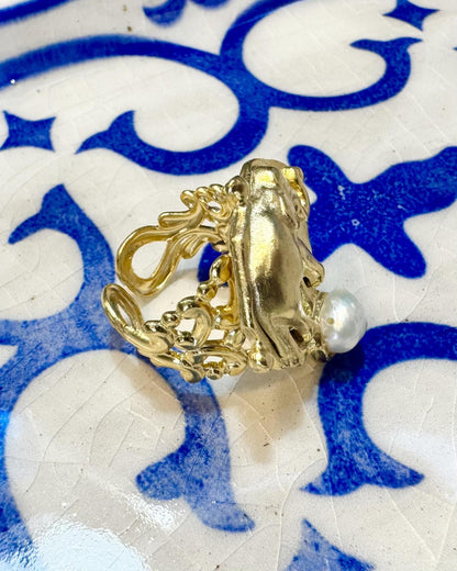 Ring - Elephant Intaglio & Pearl - Adjustable - 14kt Gold Vermeil