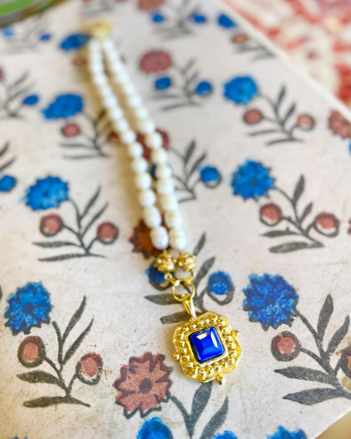 Necklace - Faceted Blue Crystal & Pearls - 14kt Gold Vermeil