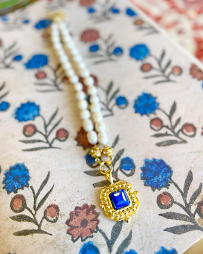 Necklace - Faceted Blue Crystal & Pearls - 14kt Gold Vermeil