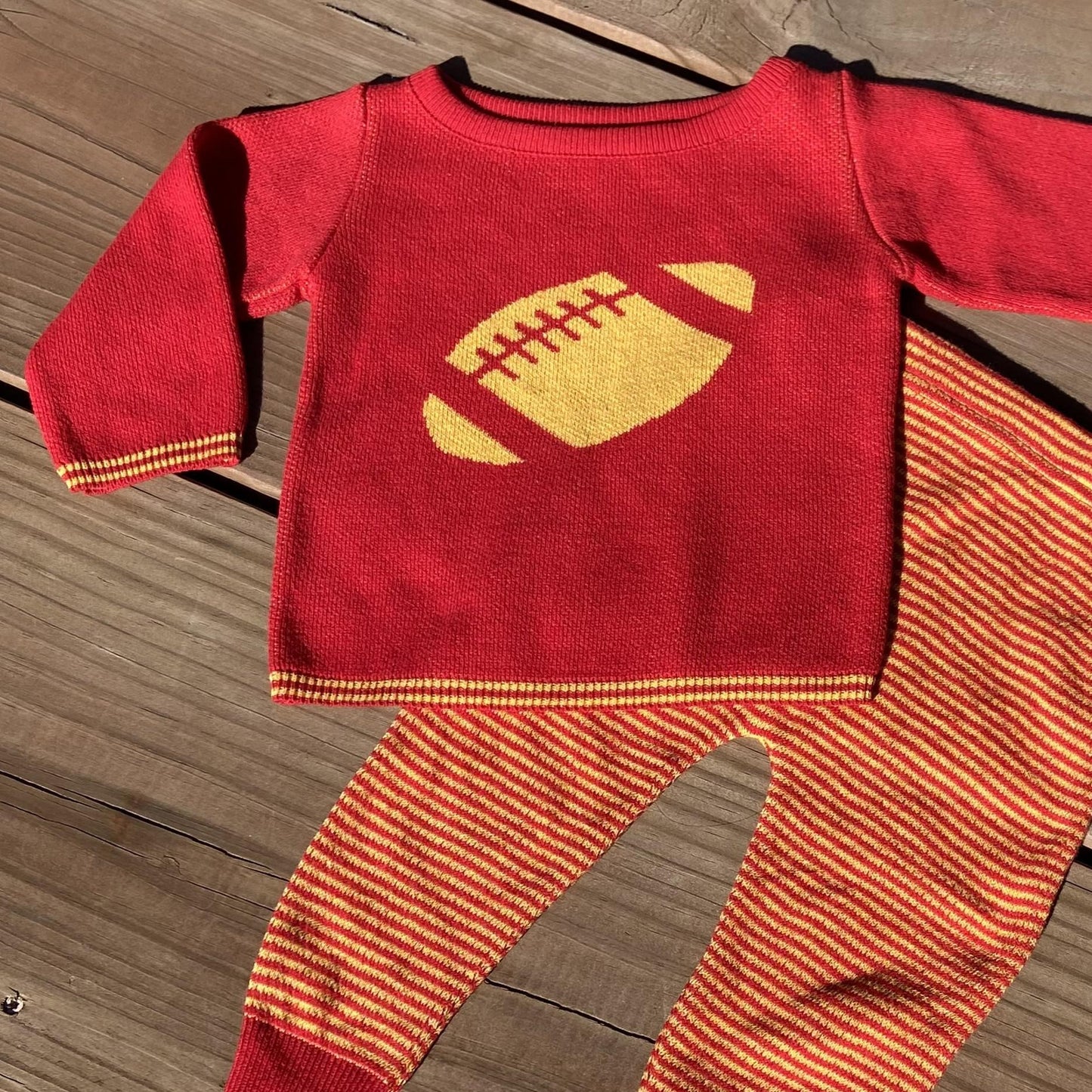 Baby Sweater - Red with Yellow Striping & Yellow Football - 12 Month
