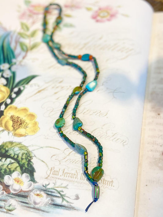 Necklace - African Trade Beads and Turquoise on Leather
