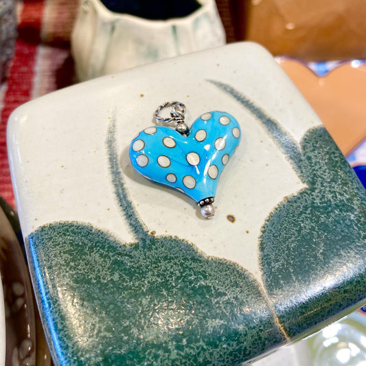 Pendant -  Dotty Turquoise & Creme Heart - Glass & Sterling