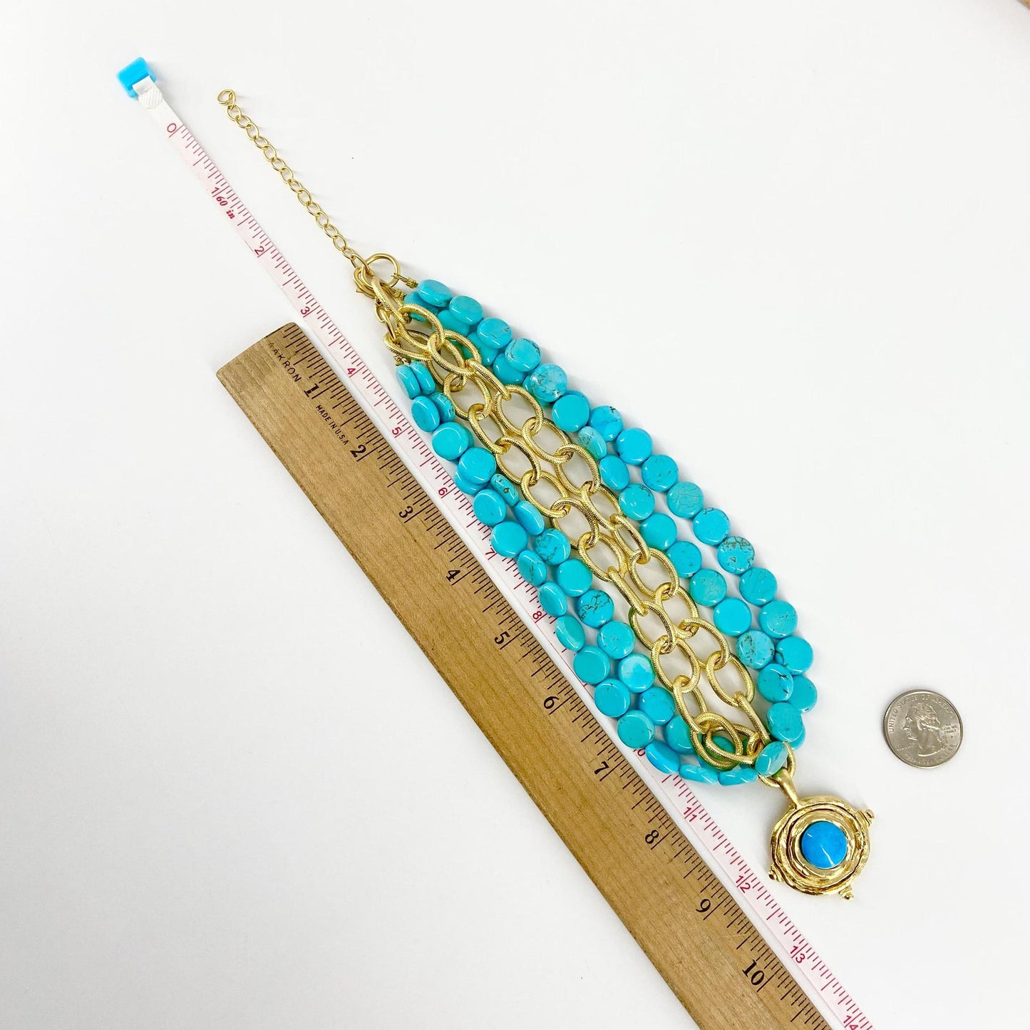 Necklace - Triple Strand with Pendant in Turquoise and Gold