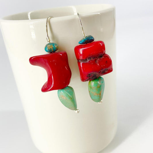 Earrings - Sterling, Turquoise, and Coral Originals