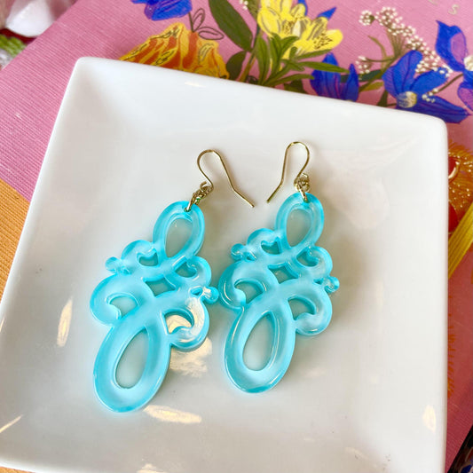 Earrings - Double Scroll Drop - Bright Blue - Resin