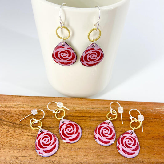 Earrings - Red Roses on Pink - Enamel on Copper